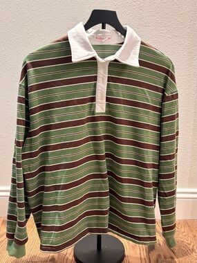 Bailey 44 Green, Brown & White Striped Long-Sleeve Polo